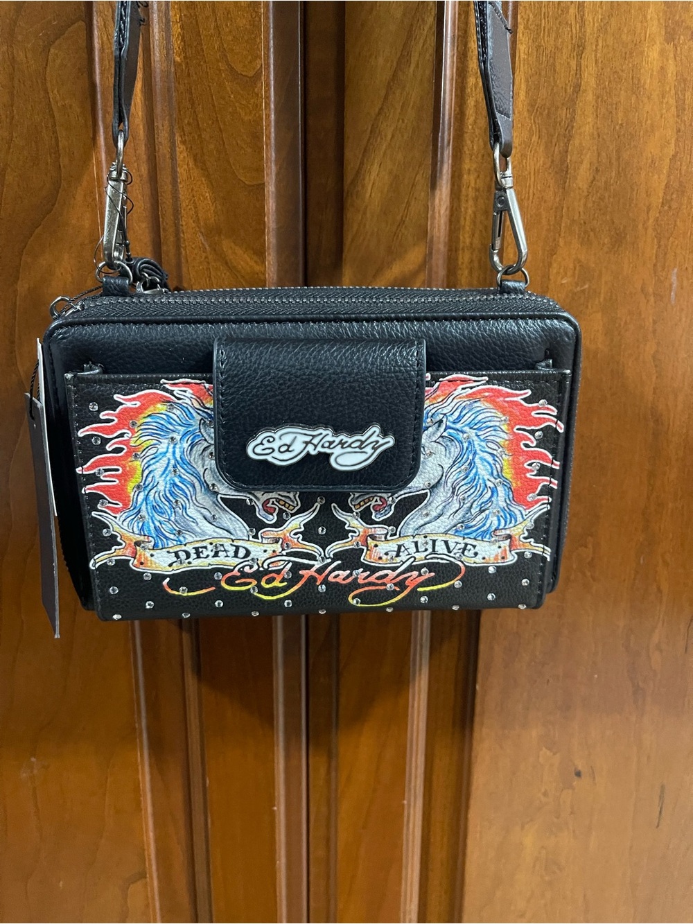 Ed Hardy Black Zip-Around Crossbody Wallet